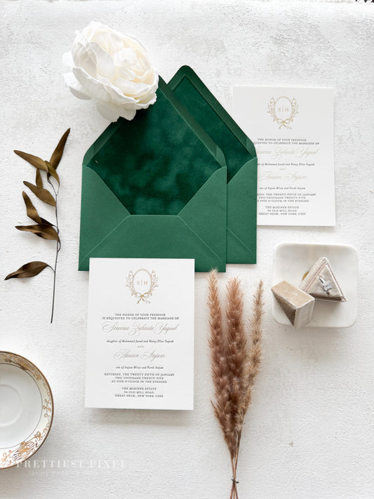 Forest Green Velvet Timeless Letterpress and Foil Wedding Invitations | Style 293