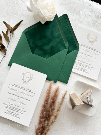 Forest Green Velvet Timeless Letterpress and Foil Wedding Invitations | Style 293
