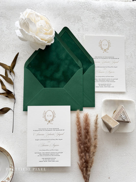 Forest Green Velvet Timeless Letterpress and Foil Wedding Invitations | Style 293