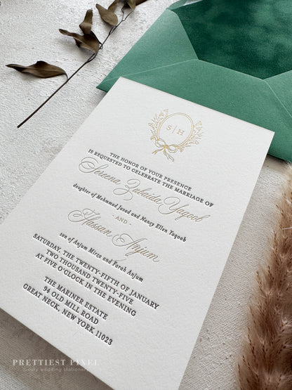 Forest Green Velvet Timeless Letterpress and Foil Wedding Invitations | Style 293