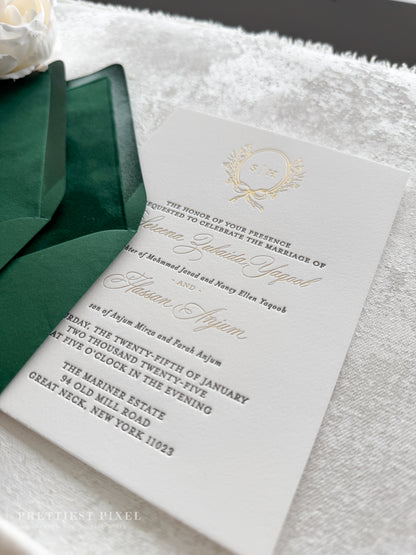 Forest Green Velvet Timeless Letterpress and Foil Wedding Invitations | Style 293