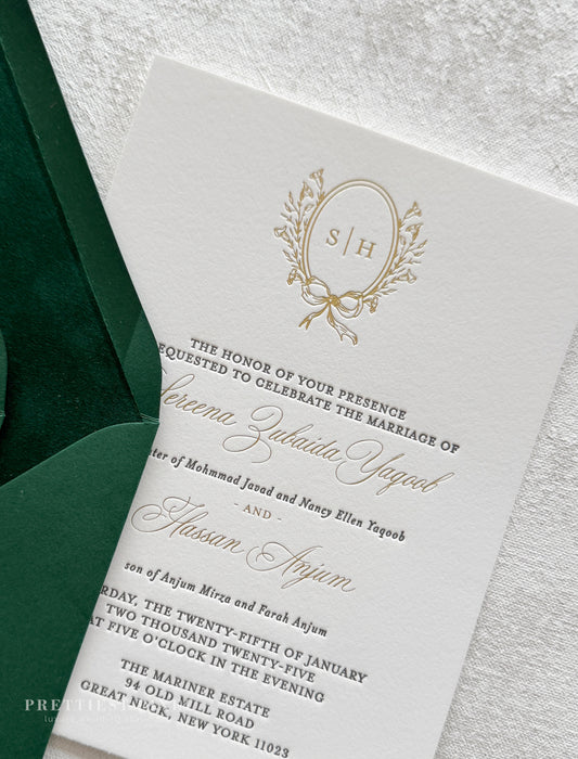 Forest Green Velvet Timeless Letterpress and Foil Wedding Invitations | Style 293