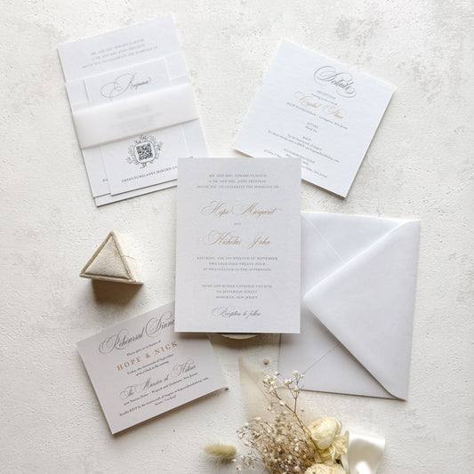 Wedding invitation set with envelope, card, and decorative elements on a light background