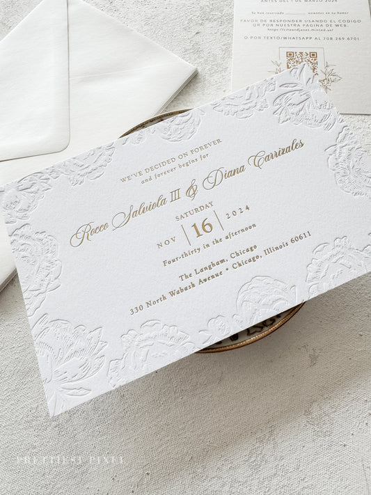 Gold Foil White Wedding Invitations |  Classy Letterpress Invites Style 70