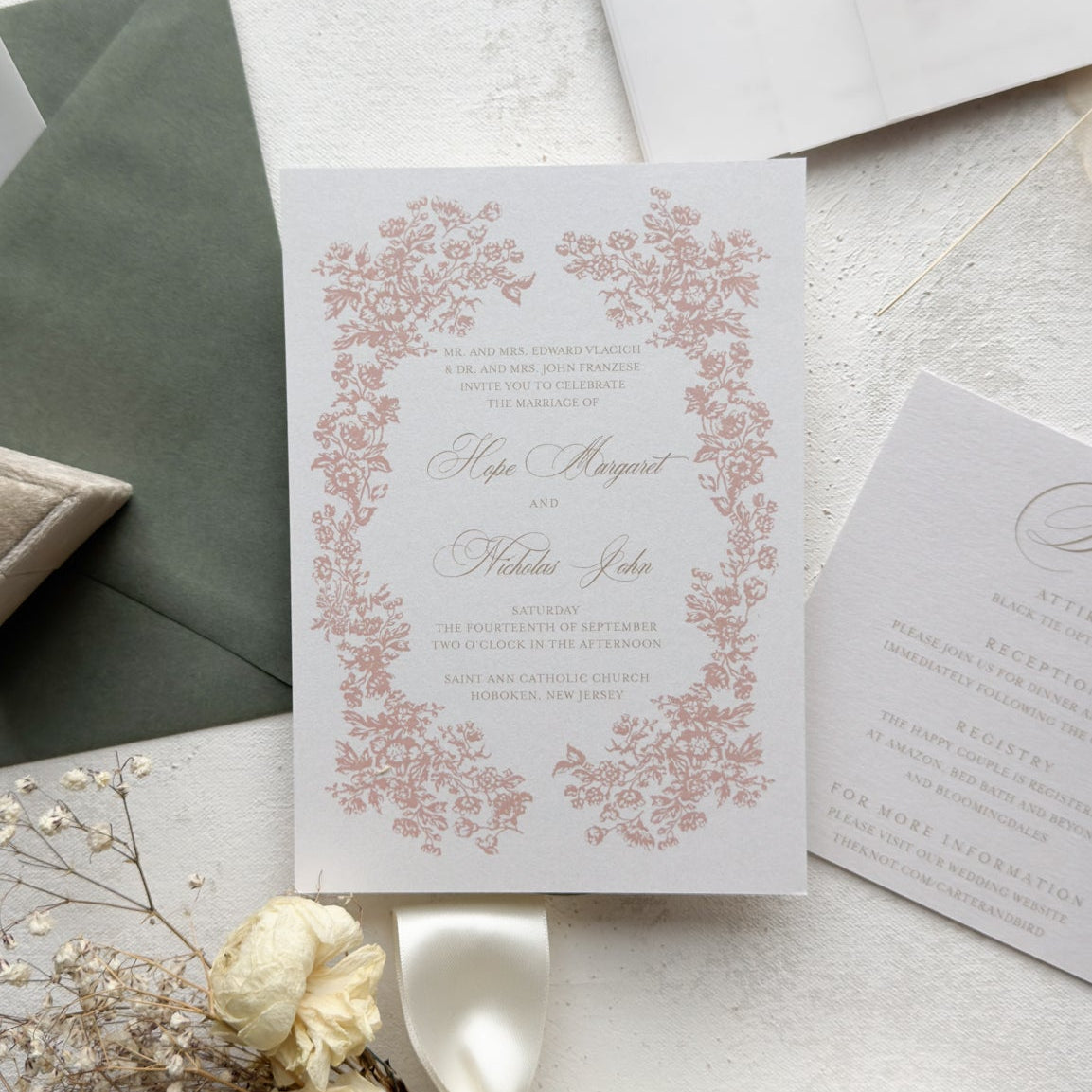 blush and green wedding invitations