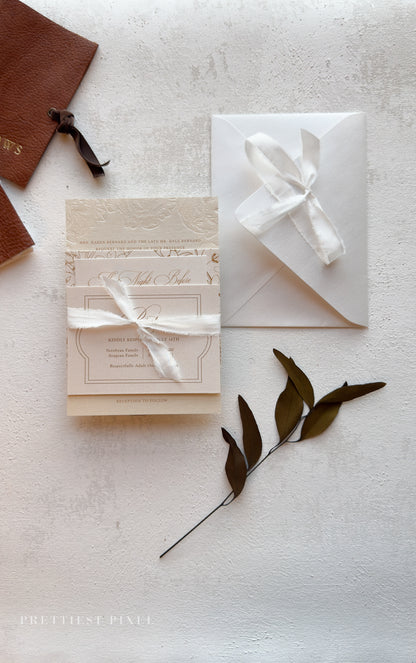 Blind Deboss Wedding Invitations – Elegant Neutral Wedding Invitation Suite with RSVP Card Style 777 Digital Printing