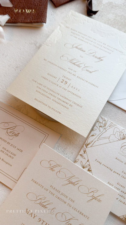 Blind Deboss Wedding Invitations – Elegant Neutral Wedding Invitation Suite with RSVP Card Style 777 Digital Printing