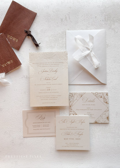 Blind Deboss Wedding Invitations – Elegant Neutral Wedding Invitation Suite with RSVP Card Style 777 Digital Printing