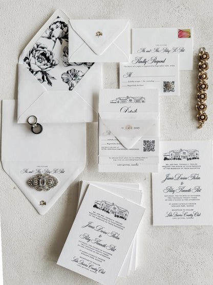 White Letterpress Wedding Invitations - Style 110