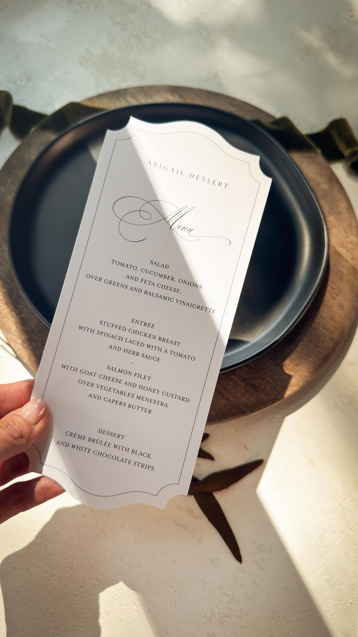 White Wedding Menu Place Cards: Formal Table Setting, Style 1695