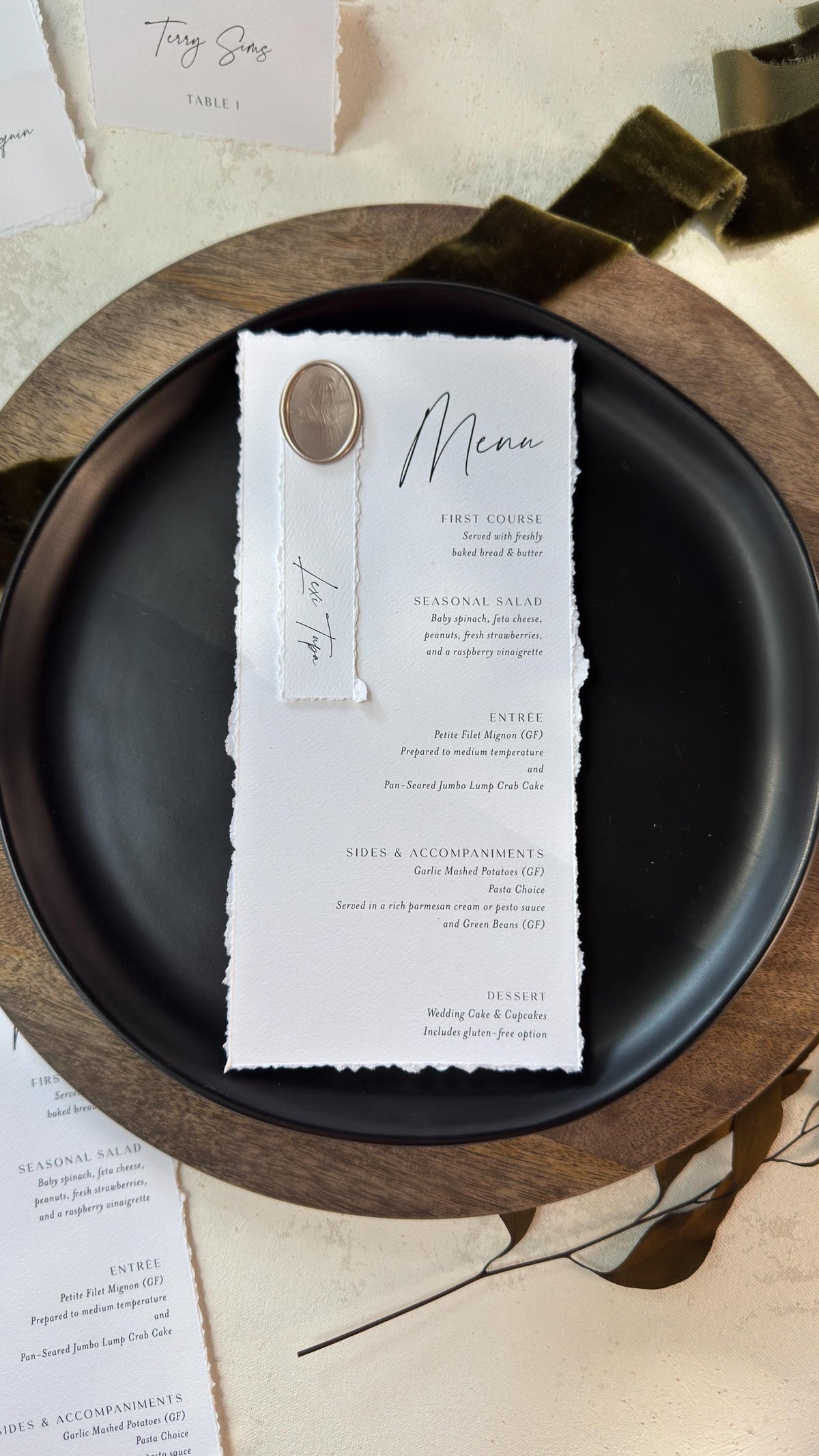 Deckled Edge Wedding Menus | Elegant Table Cards with Wax Seals - Style 283