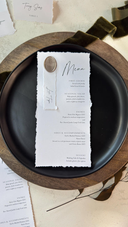 Deckled Edge Wedding Menus | Elegant Table Cards with Wax Seals - Style 283