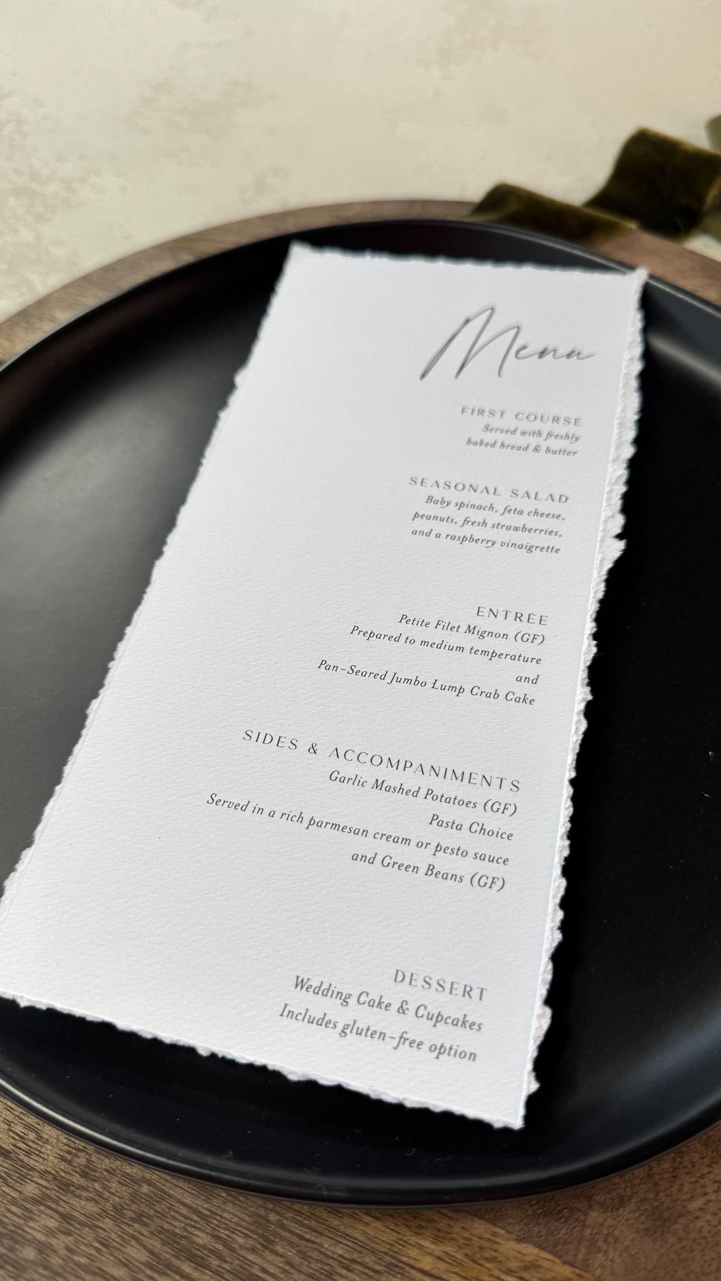Deckle Edge Wedding Menu | Elegant Reception Table Decor - Style 283