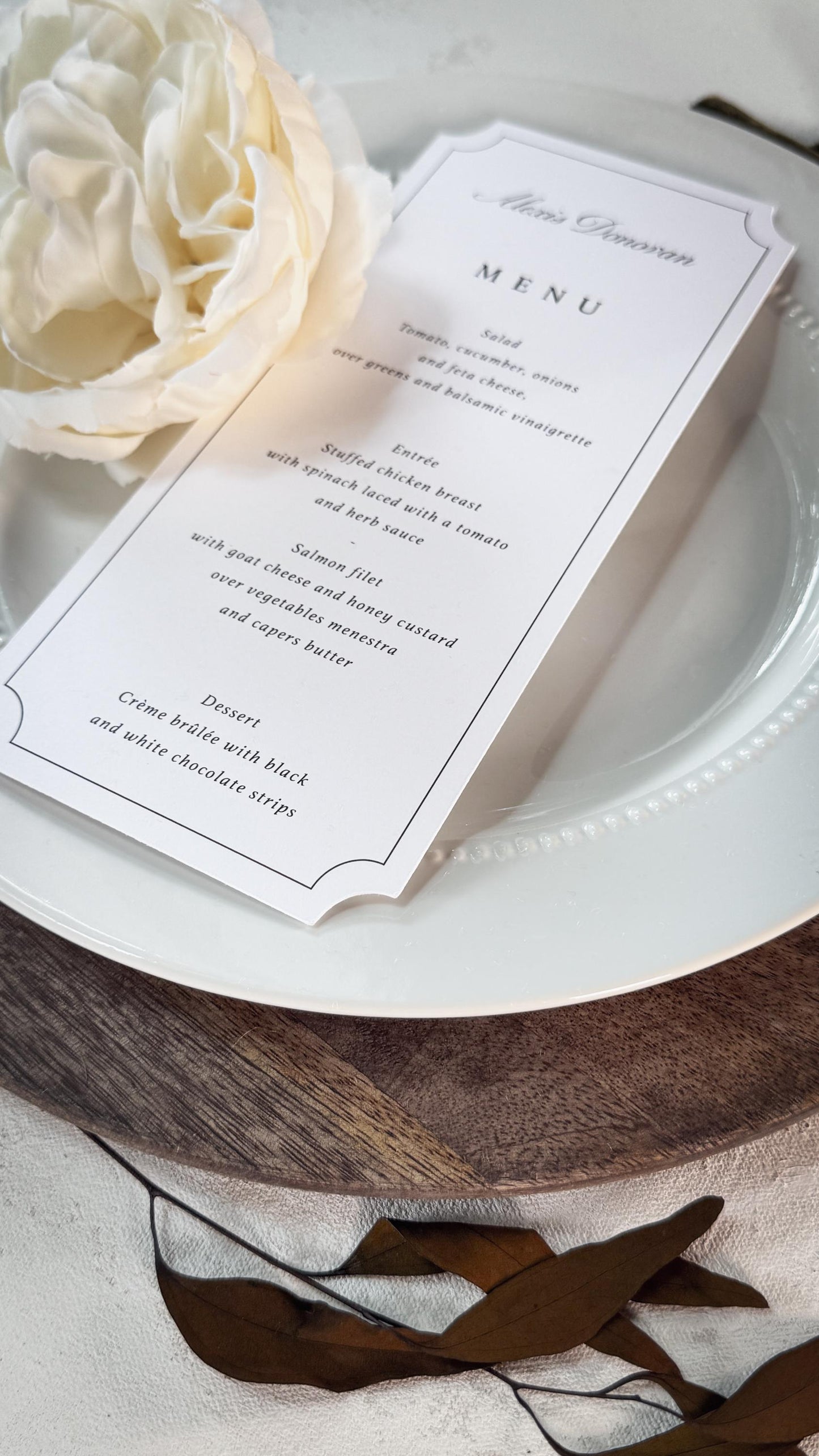 Elegant Wedding Menu Place Cards: Formal Table Setting, Style 3492
