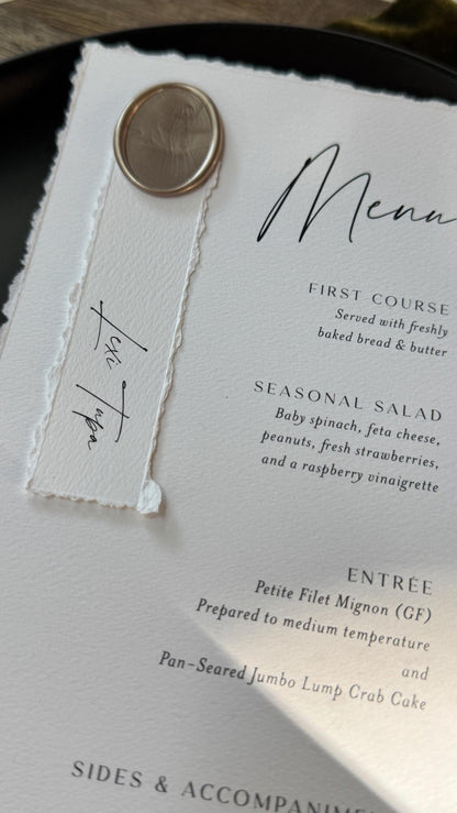 Deckled Edge Wedding Menus | Elegant Table Cards with Wax Seals - Style 283