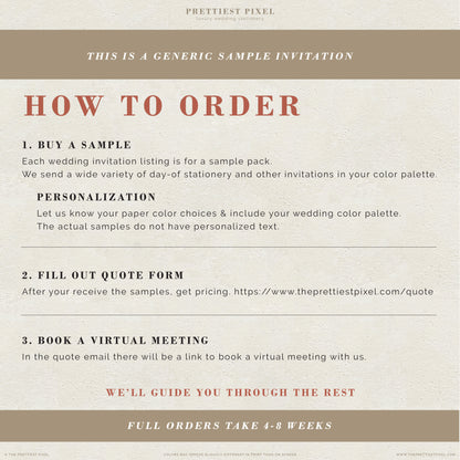 The image is a generic sample invitation for a wedding invitation service.