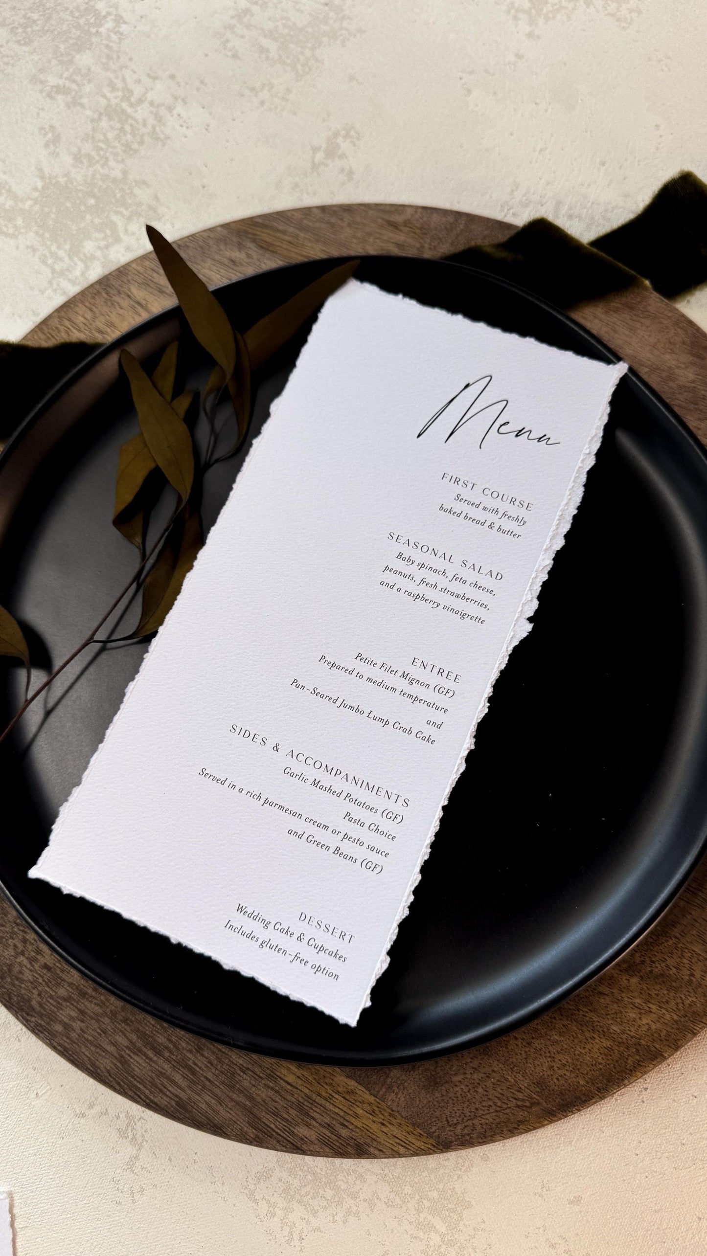 Deckle Edge Wedding Menu | Elegant Reception Table Decor - Style 283