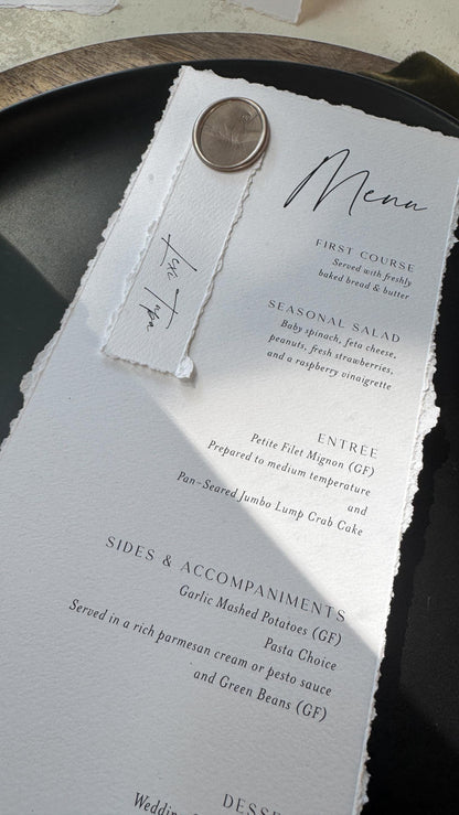 Deckled Edge Wedding Menus | Elegant Table Cards with Wax Seals - Style 283