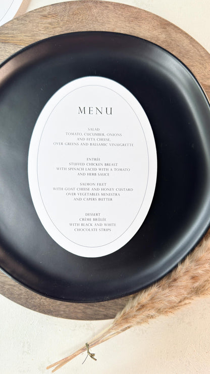 White Oval Wedding Menus | Table Menu Cards | Style 298