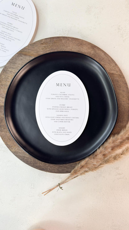 White Oval Wedding Menus | Table Menu Cards | Style 298