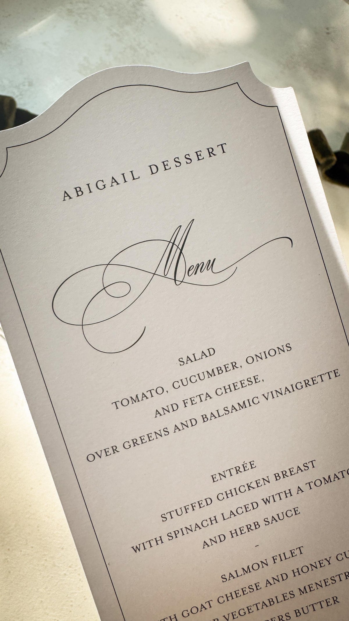 White Wedding Menu Place Cards: Formal Table Setting, Style 1695