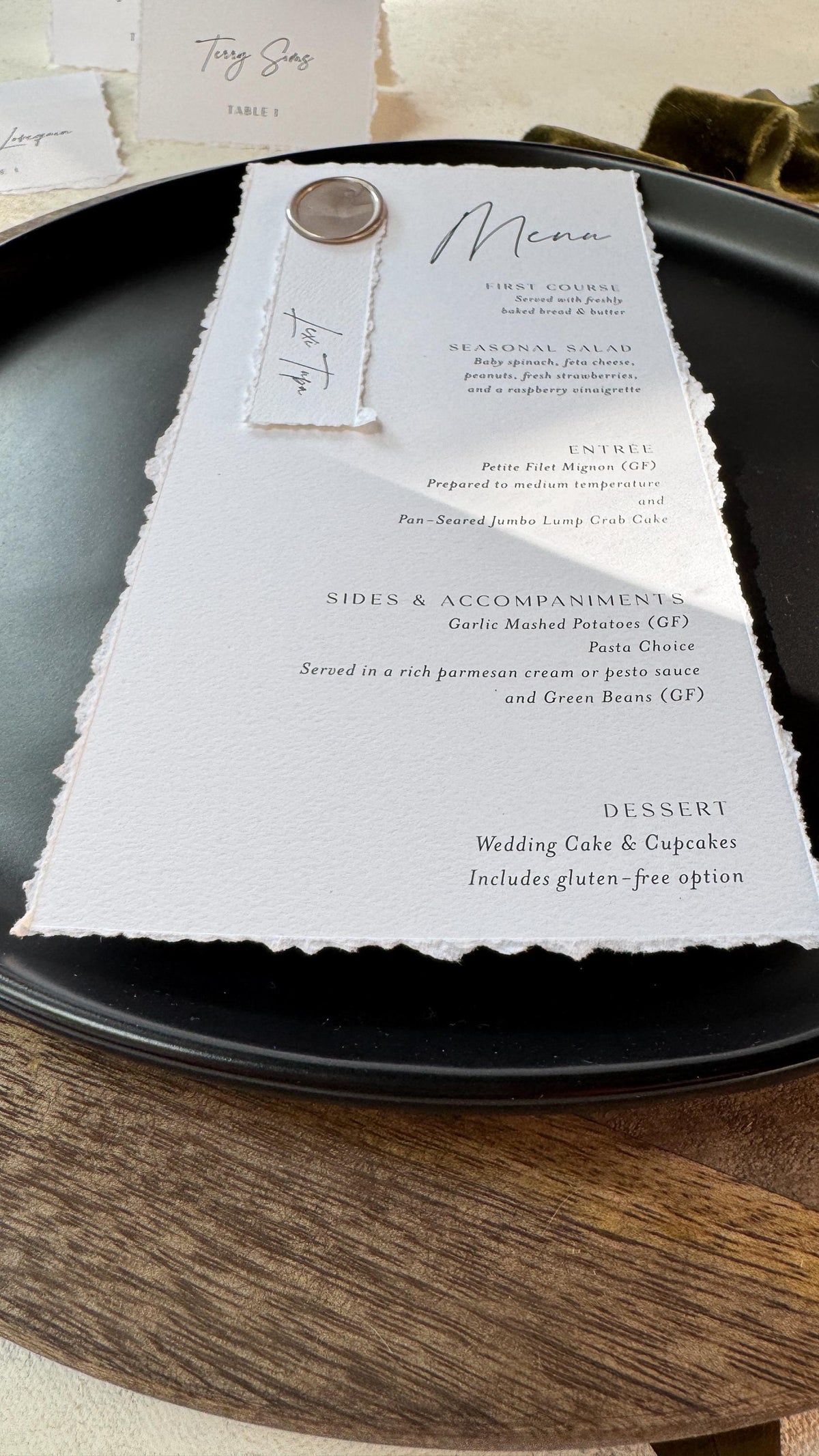 Deckled Edge Wedding Menus | Elegant Table Cards with Wax Seals - Style 283
