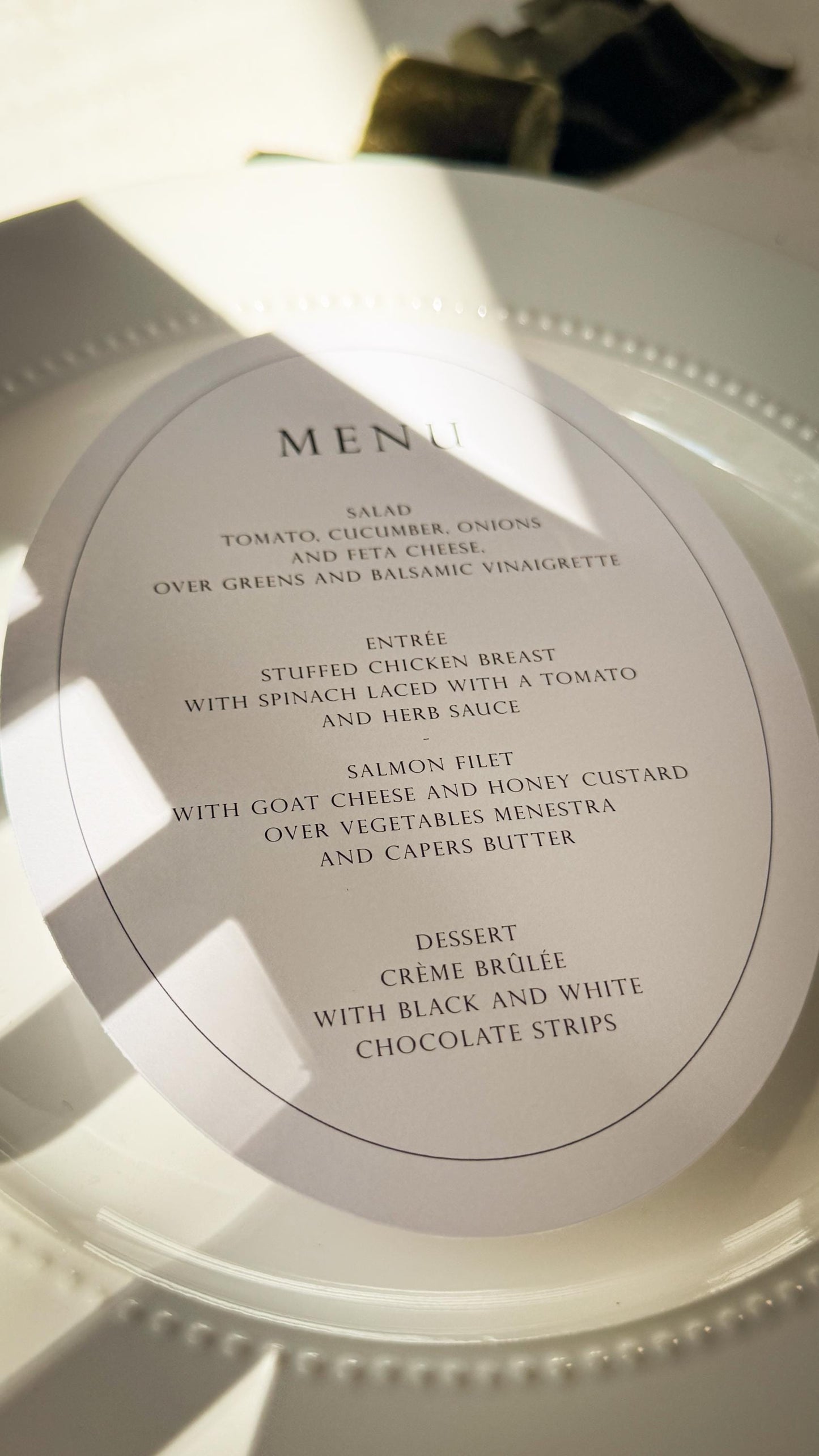 White Oval Wedding Menus | Table Menu Cards | Style 298
