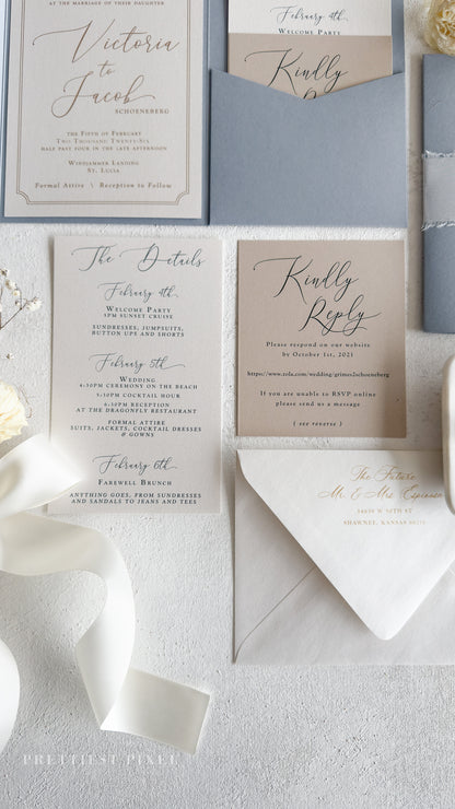 wedding invitations and details, including the names of the couple, the date of the wedding, and the location of the wedding ceremony.