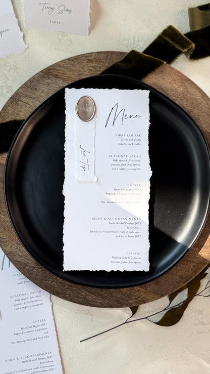 Deckled Edge Wedding Menus | Elegant Table Cards with Wax Seals - Style 283