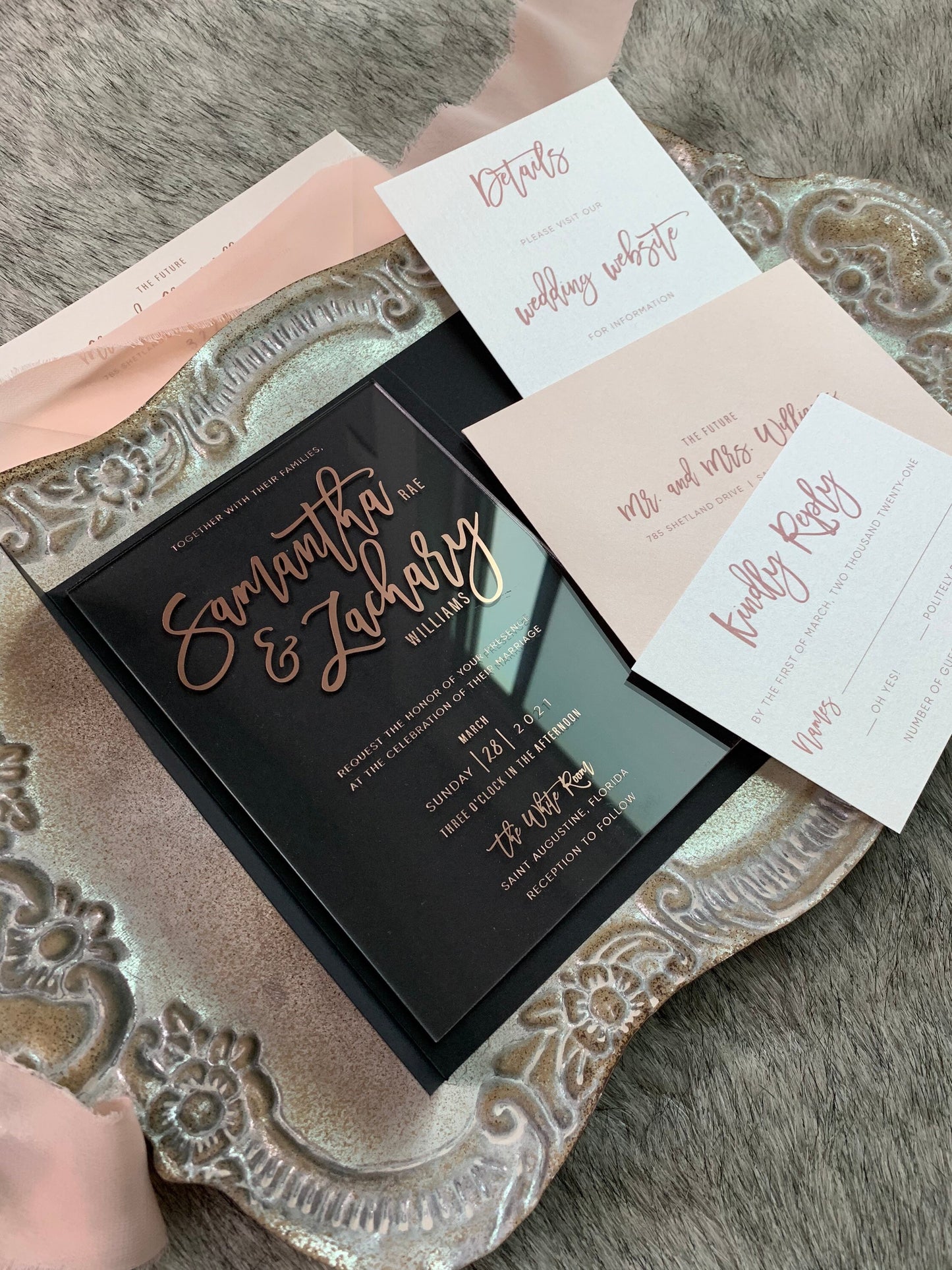 Rose Gold Wedding Invitation | Black and Rose Gold | Clear  | Acrylic Invitation |  Option 3 - Style 37 - Option 3a