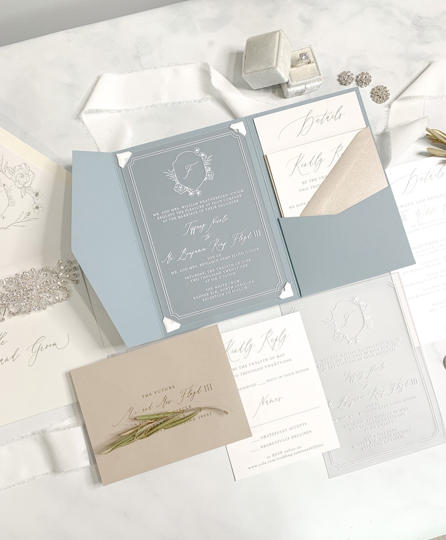 Dusty Blue Acrylic Wedding Invitations | Acrylic Invites | Clear Invitations  |  Custom Frosted Acrylic Invitation Style 244 - Option 3a