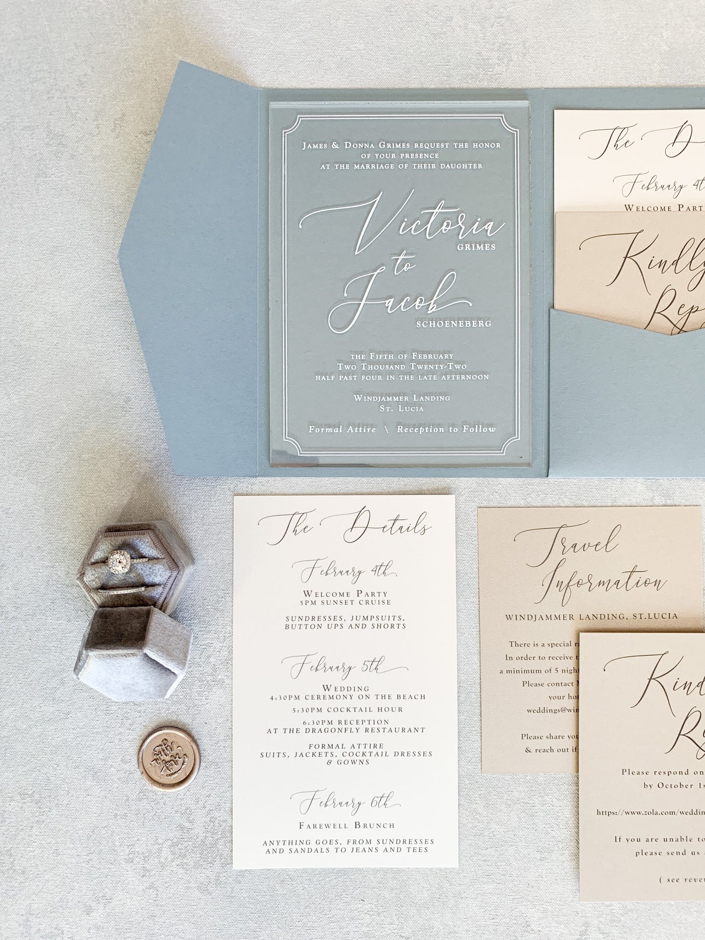 Dusty Blue Wedding Invitations | Custom Clear Acrylic Invitation | Elegant Invitations - Style 80 Option 3a