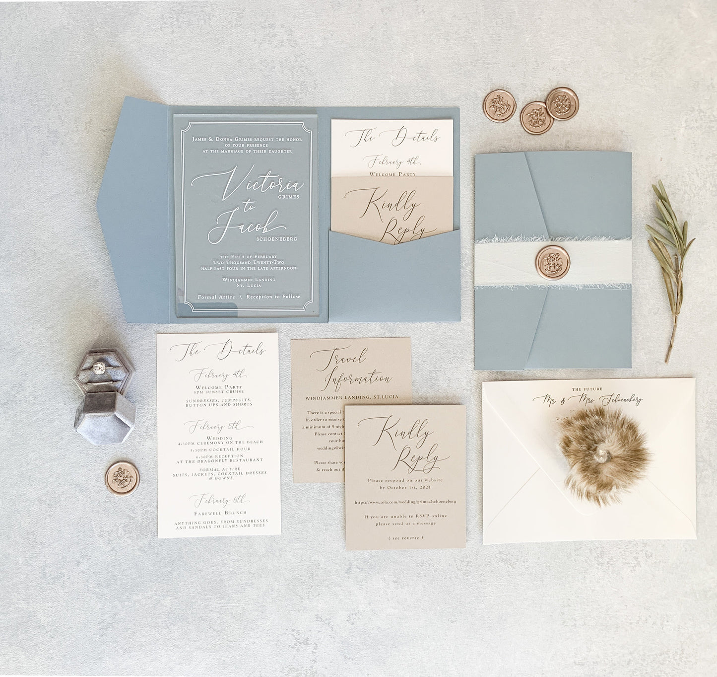 Dusty Blue Wedding Invitations | Custom Clear Acrylic Invitation | Elegant Invitations - Style 80 Option 3a