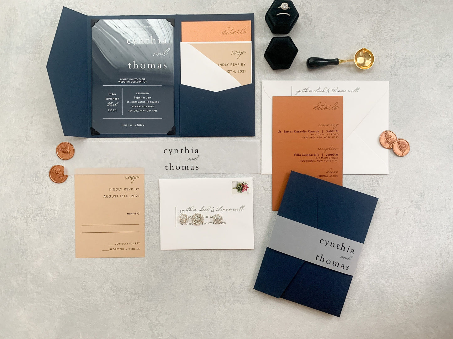 Copper Wedding Invitation Clear Acrylic Invitations  | Copper and Navy Collection - Style 282 - Option 3a