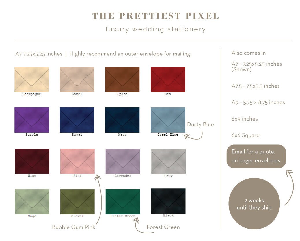 Velvet Envelopes - Spice Velvet Envelope - A7 7.25x5.25 | Other colors available  |  SET OF 10