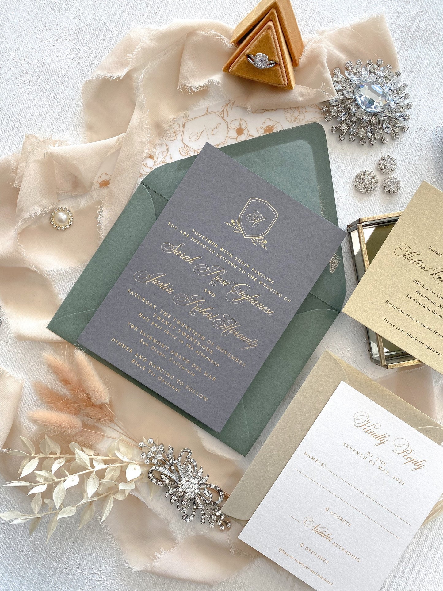 Sage Wedding Invitations | Sage, Gray and Gold |  Foil Invitations |  Wedding Invites  |  - Wedding Invitation - Style 310