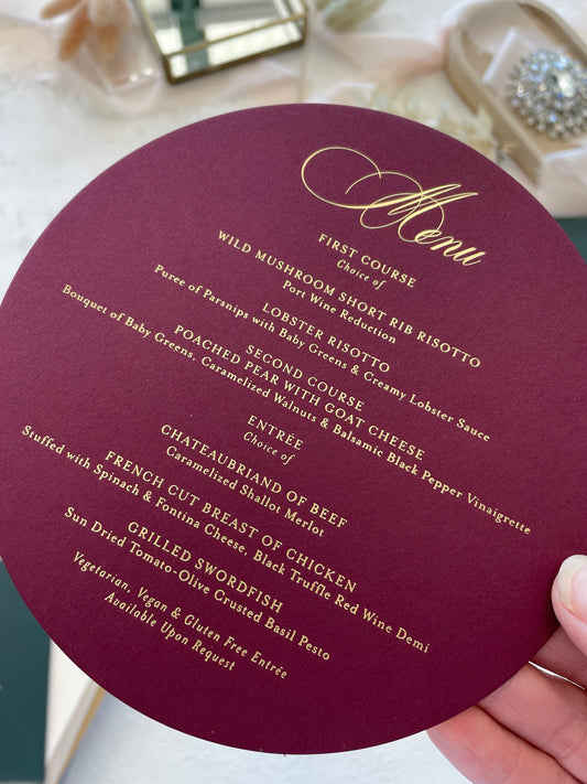 Circle Wedding Menu with Foil | Burgundy or any color Style 271