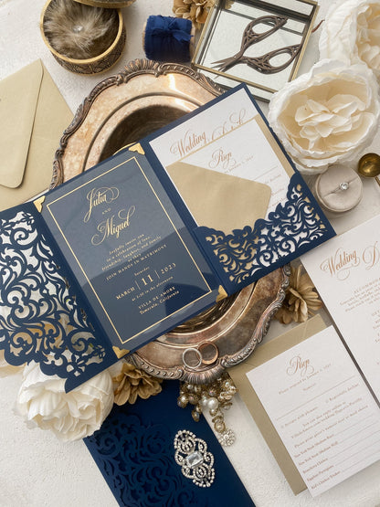 Navy and Gold Lasercut Wedding Invitation | Acrylic Card |  Custom Invitations | Invitation Card | Elegant Invitations Style 299 - Option 10