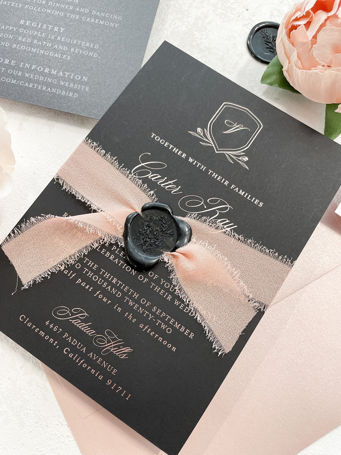Black Wedding Invitations |  Wedding Invites  | Invitation Set  - foil Wedding Invitation - Style 01 Rose Bird