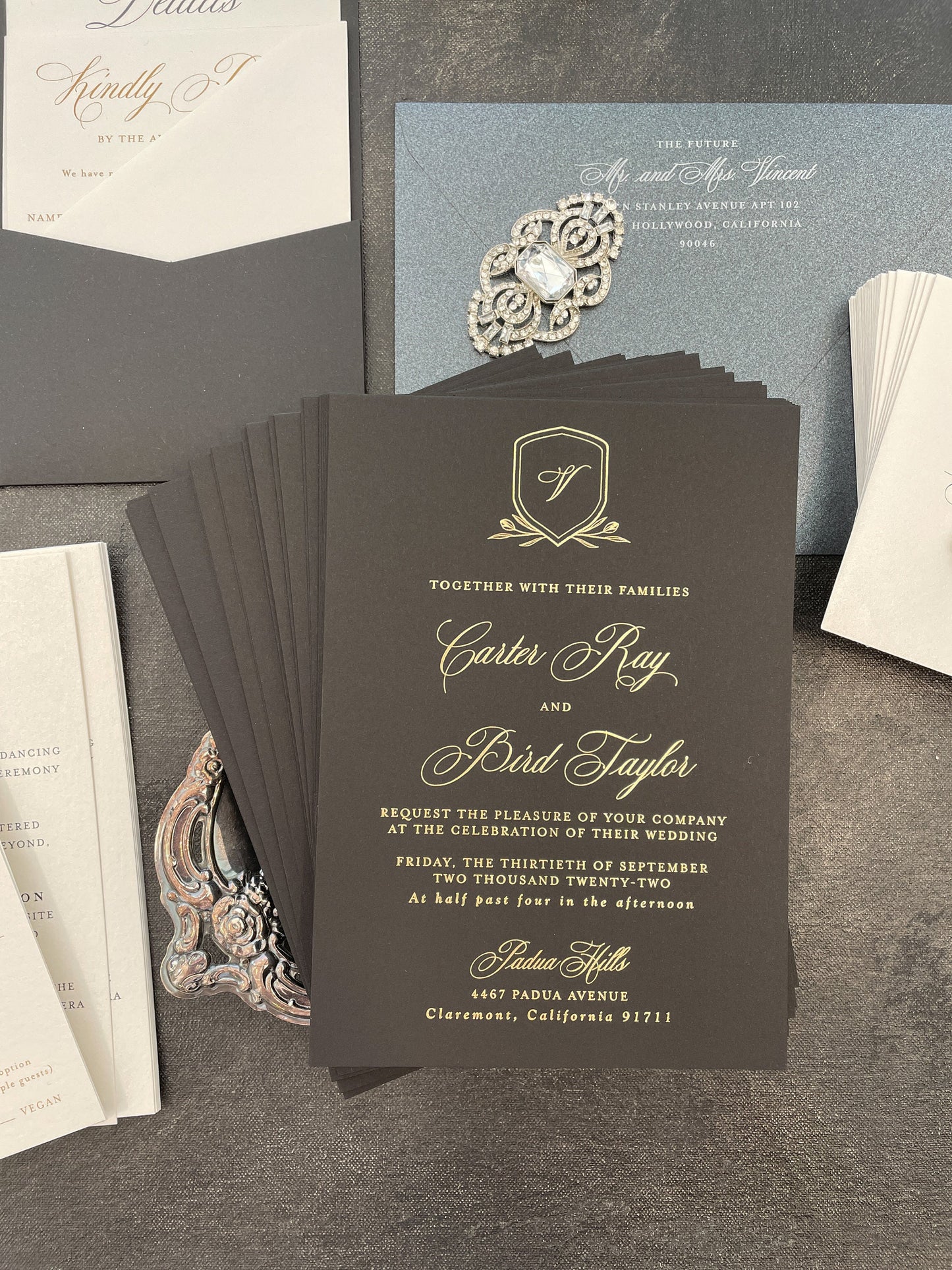 All Black Wedding Invitations | Gold Foil Invitations |  Wedding Invites  | High End Invitations  - Style -01 Black Bird