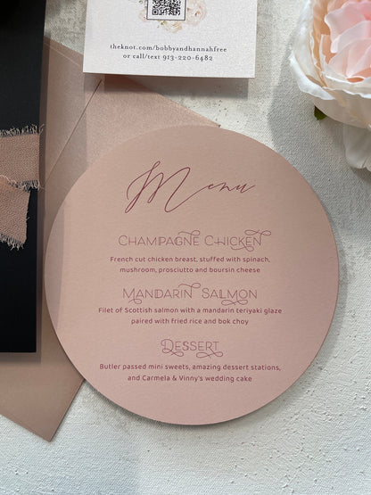 Round Wedding Menu - Any color paper and fast turnaround 5.75 Circle Style 102  |  SET OF 10