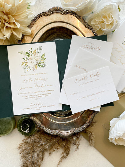 Dark Green Wedding Invitations |  Fall Wedding Invites  | Invitation Set  - Pocket Folder Wedding Invitation - Style 302