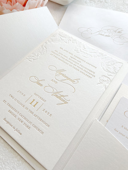 Letterpress Deboss Wedding Invitations | Foil Invitations |  Neutrals  | Wedding Invitation  - Style 777 Gold Letterpress Foil