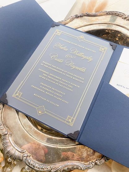 Navy Pocket Folder Frosted Acrylic Wedding Invitations | Art Deco Wedding Invitation | Clear Wedding Invitation - Style 400 - Option 3a