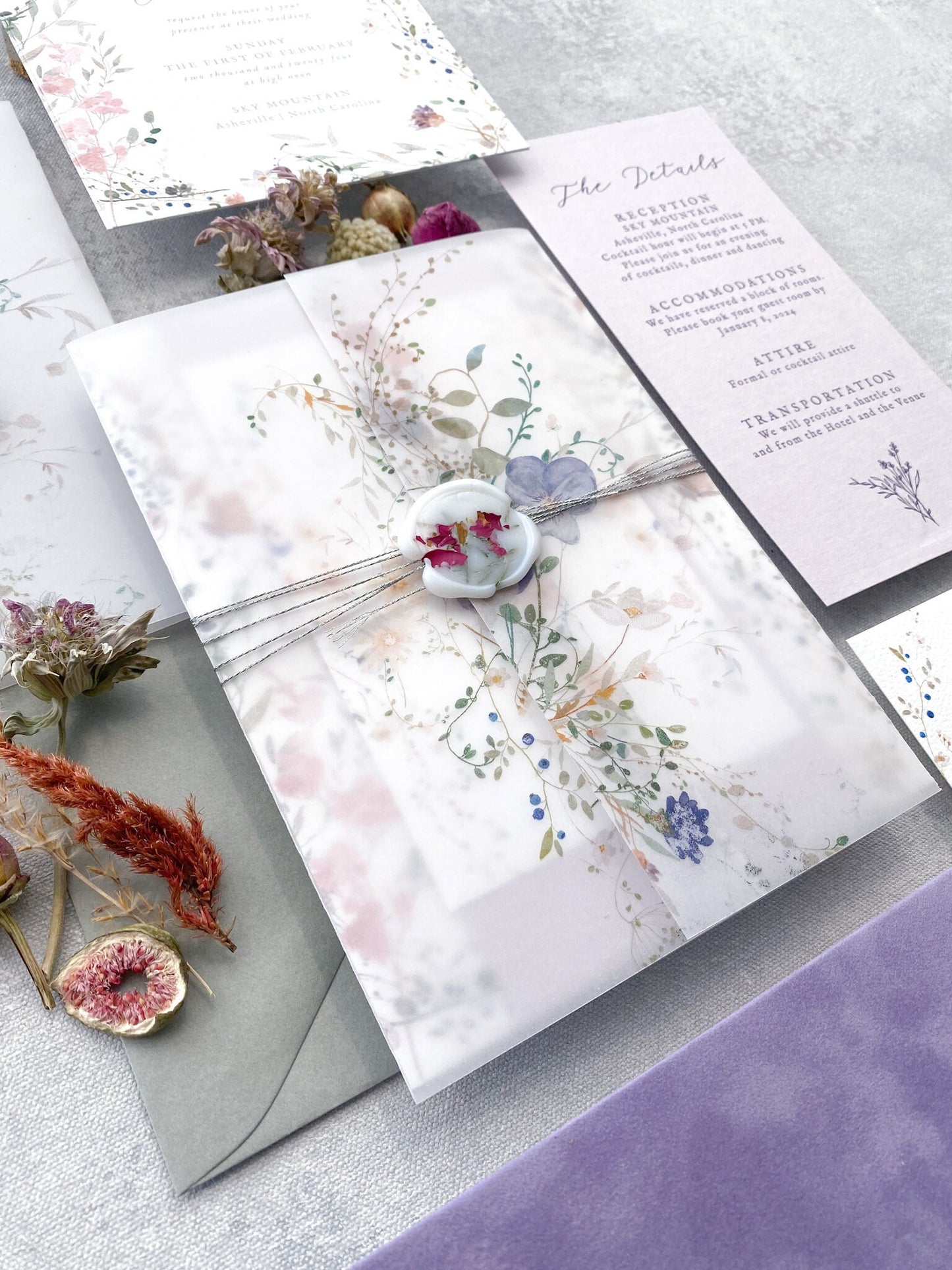 Wildflower Wedding Invitations | Lavender Velvet Wedding Invitations -  Style 54
