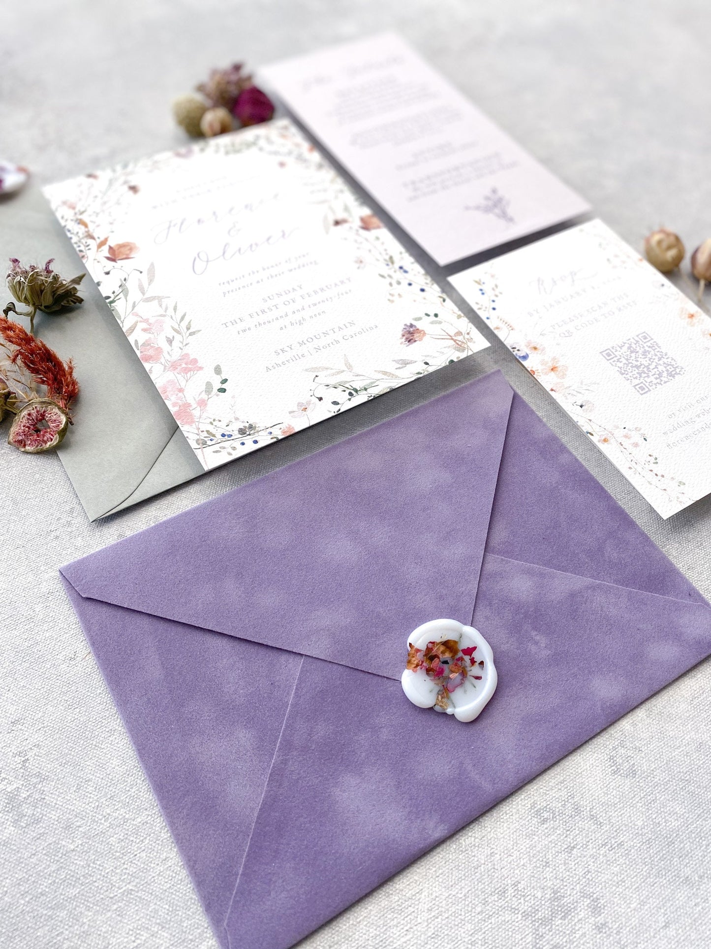 Wildflower Wedding Invitations | Lavender Velvet Wedding Invitations -  Style 54