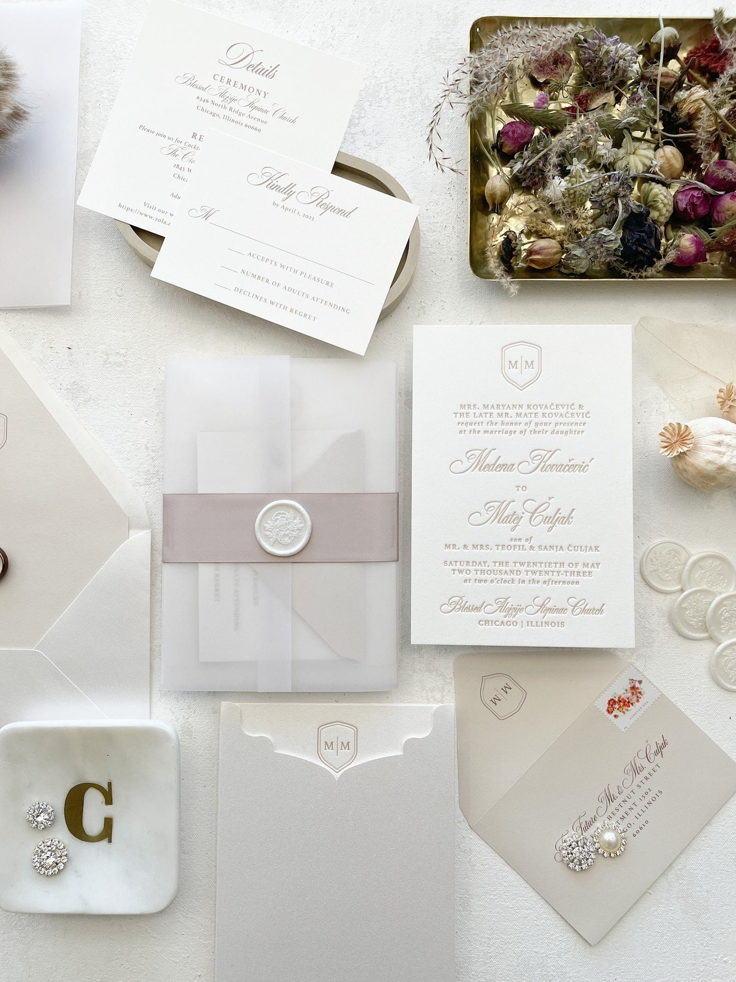 Letterpress Wedding Invitations | Formal Invites |  Neutrals  - Style 333