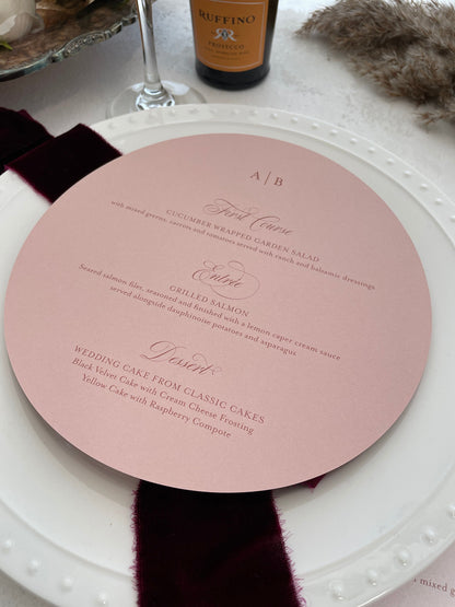 7.5" Round Wedding Menu - Pink Blush Elegant Circle Menu Style 219  |  SET OF 10