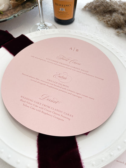 7.5" Round Wedding Menu - Pink Blush Elegant Circle Menu Style 219  |  SET OF 10
