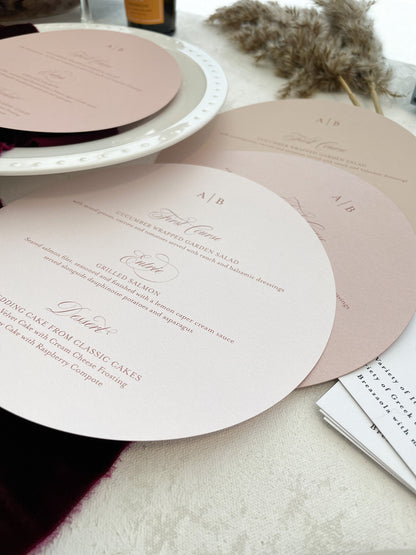 7.5" Round Wedding Menu - Pink Blush Elegant Circle Menu Style 219  |  SET OF 10